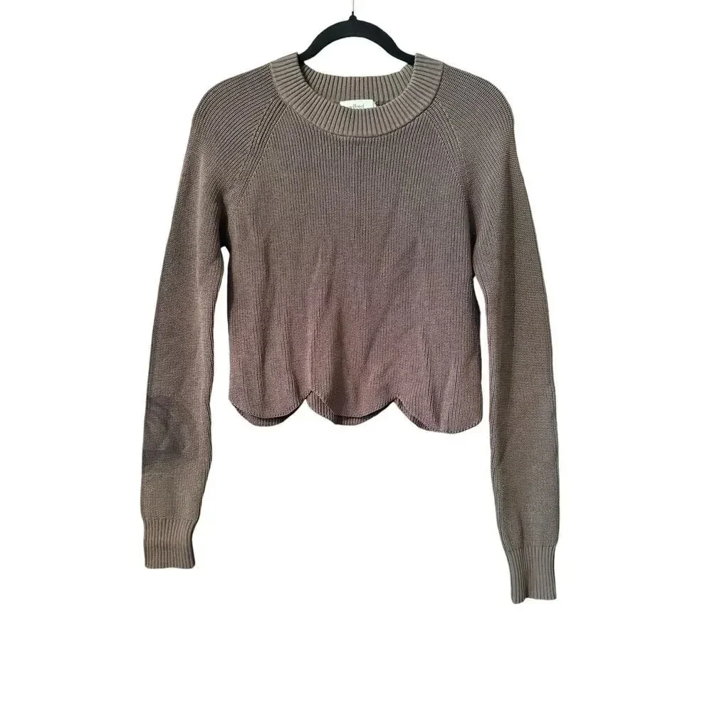 Wilfred S Brown long sleeve knit scalloped hem crop top stretch fitted - Picture 1 of 8